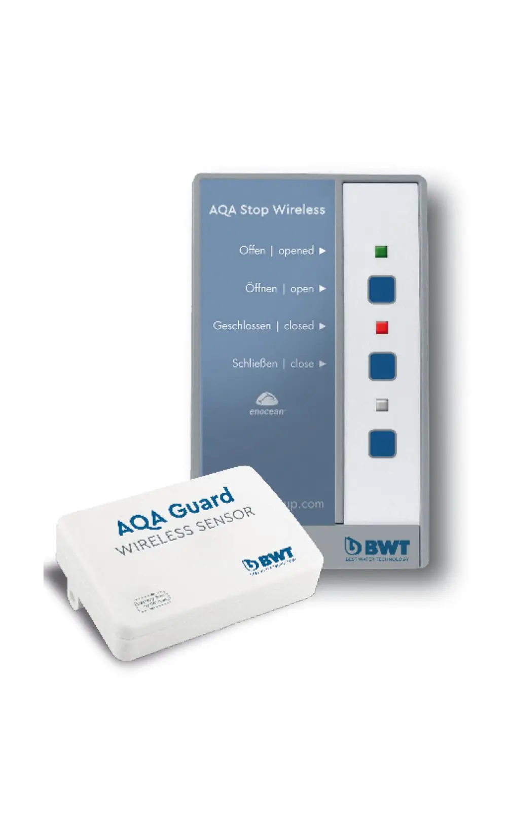 Kabelloses Bedienfeld von BWT zur Kontrolle des Wasserflusses mit farbigen Statusleuchten und einem AQA Guard Wassersensor in kompakter Bauform.